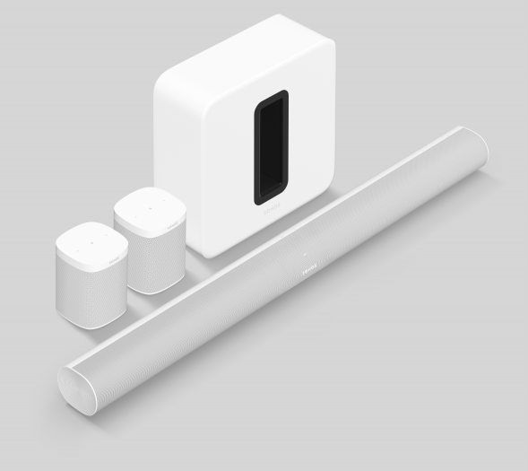 Set aus Arc-Soundbar, Sonos Sub und zwei One-Lautsprechern (Bild: Sonos)